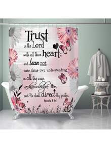 1pc/4pcs Floral & Bible Verse, Flower & Butterfly Print Multi-Function Bathroom Decor Set Incl. Waterproof Shower Curtain With 12 Hooks, Non-Slip Bath Mat, U-Shaped Toilet Mat & Round Toilet Lid Cover, Suitable For Entire Bathroom Back To School