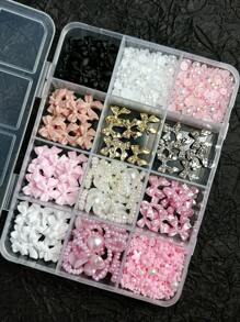 12-Compartment Box Mixed Resin Pearl Bow, Heart, Mini Floral Decor For DIY Nail Art Accessories, Versatile & Cute