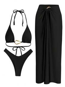 Sexy And Elegant Solid-Color Coffee Three Pieces Women's Bikini Swimsuit For Spring And Summer, Perfect For Beach Vacations, Parties And Dates - Black - View 2