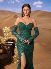 Faeriesty Vestido de noche lujoso y glamoroso con cuentas y lentejuelas, con mangas, cola de sirena y diseño de abertura alta - perfecto para galas de alfombra roja, bodas de lujo, premios de música y desfiles de moda en el metaverso