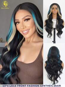 Long Wavy Ombre Highlight Blue To Brown Colorful Lace Front Wigs With Bangs For Women Long Curly Natural Heat Resistant Fiber Synthetic Blue Mixed White Wigs For Halloween Daily Use Party Cosplay