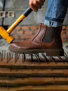 男式高帮钢头安全靴 - 防水、防滑、防刺穿工作靴,适用于工业建筑、仓库工作和户外劳动,一脚蹬设计,无鞋带,方便穿着,重型战斗风格,全地形抓地力,适用于恶劣环境的脚踝支撑 - 黑色 - 查看 2