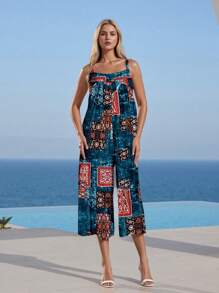 Women Spaghetti Strap Jumpsuits Retro  Print Sleeveless Summer Wide-Leg Rompers Overalls - Peacock Blue - View 1