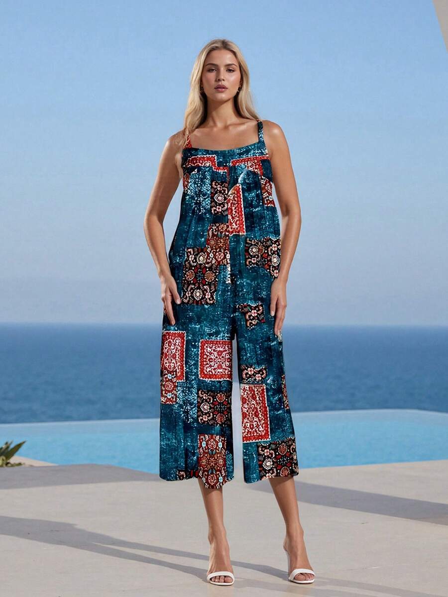 Women Spaghetti Strap Jumpsuits Retro  Print Sleeveless Summer Wide-Leg Rompers Overalls - Peacock Blue - View 1