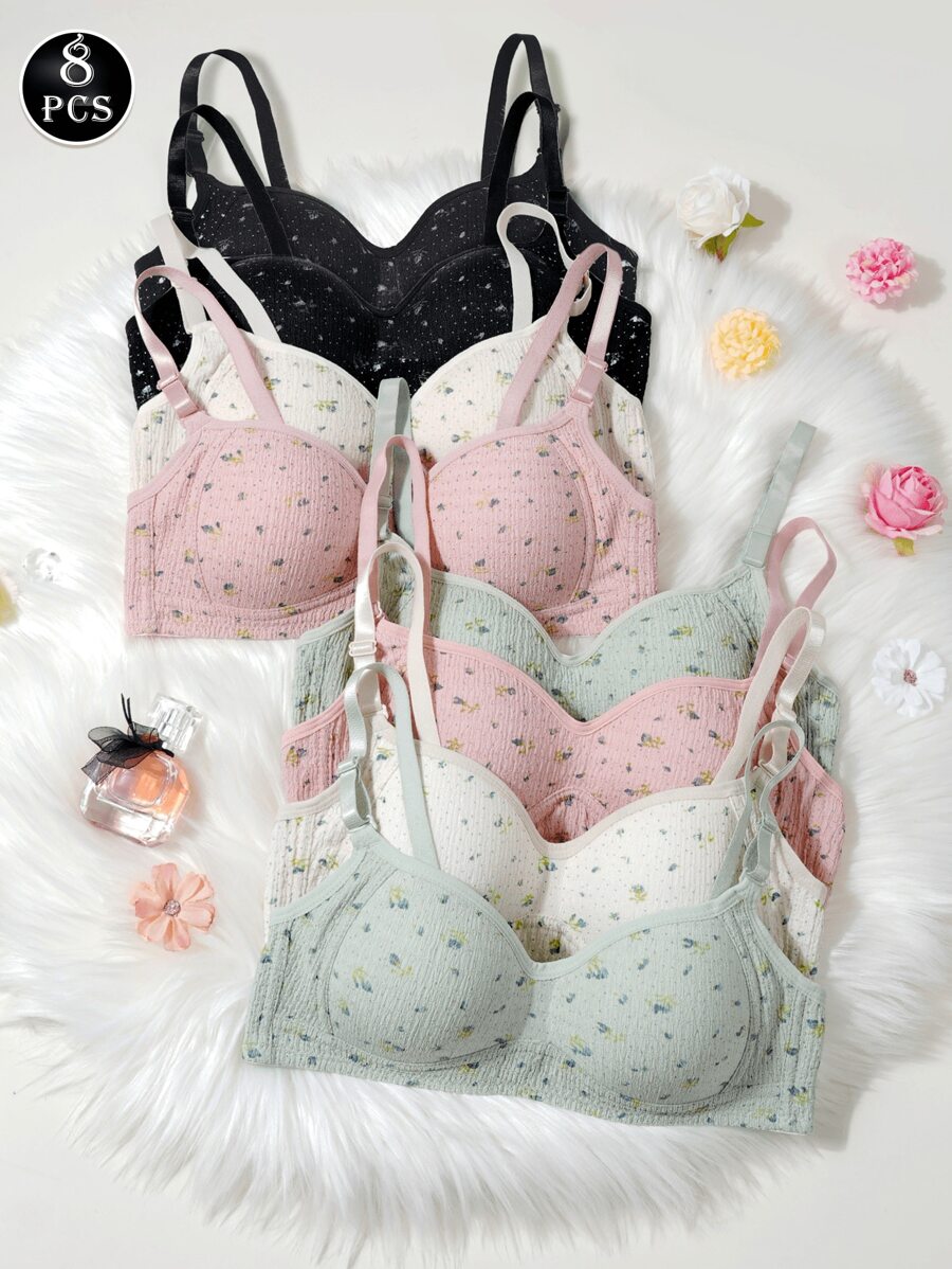 8pcs/Set Teen Girls Simple Solid Color Bralette - Multicolor - View 1