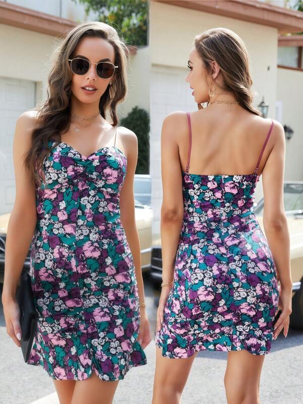 Floral Print Ruched Elastic Sexy Spaghetti Strap Bodycon Clubwear Dress, Summer