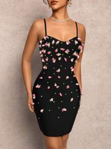 Spring And Summer Suspenders Three-Dimensional Flowers Diamond Bandage Slim Hip Dress - Black - View 6