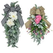 1 Stück Frühling-Sommer Türkranz in Tränenform mit künstlichen Pfingstrosen und Haseohr-Blattdekorationen (2 Farben und 2 Styles erhältlich)