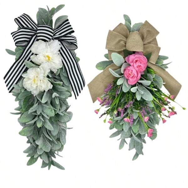 1 Stück Frühling-Sommer Türkranz in Tränenform mit künstlichen Pfingstrosen und Haseohr-Blattdekorationen (2 Farben und 2 Styles erhältlich)
