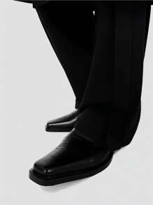 Men's Business Formal Embroidery Slip-On Square Toe Casual Leather Loafers, Elastic Band, Thick Square Heel, Fashion