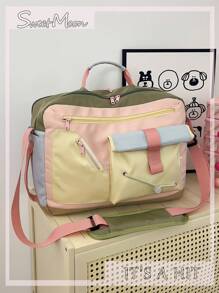 1 Piece Pink Nylon Casual Minimalist Zippered Drawstring Decorative Multi-Pocket Foldable Water-Resistant Zipper Crossbody Handbag Travel Bag (No Pendant) Suitable For Women Daily, Business Trip, Short-Distance Travel, Vacation, Clothing Storage, Weekend Bag - Pink - View 1