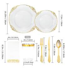 175pcs Black And Gold Plastic Plates - Black Gold Disposable Plates Include 25 Dinner Plates,25pcsDessert Plates,25 Knives,25 Forks,25 Spoons,25 Cup,25 Napkins For Wedding & Party - 白色 - 查看 2