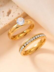 2 Stücke/Set einfache 4MM Zirkonia Dekor Edelstahl Ring für Frauen