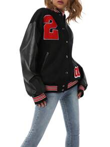 Women Oversized Baseball Jackets, Fashion Leather Long Sleeve Letter Embroidery Jackets - Red - View 3