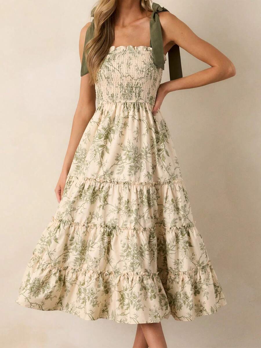 Women's Floral Dress Stylish Ruffled Trim Smocked Sleeveless Tie-Shoulder A-Line Long Dress - 綠色 - 查看 1