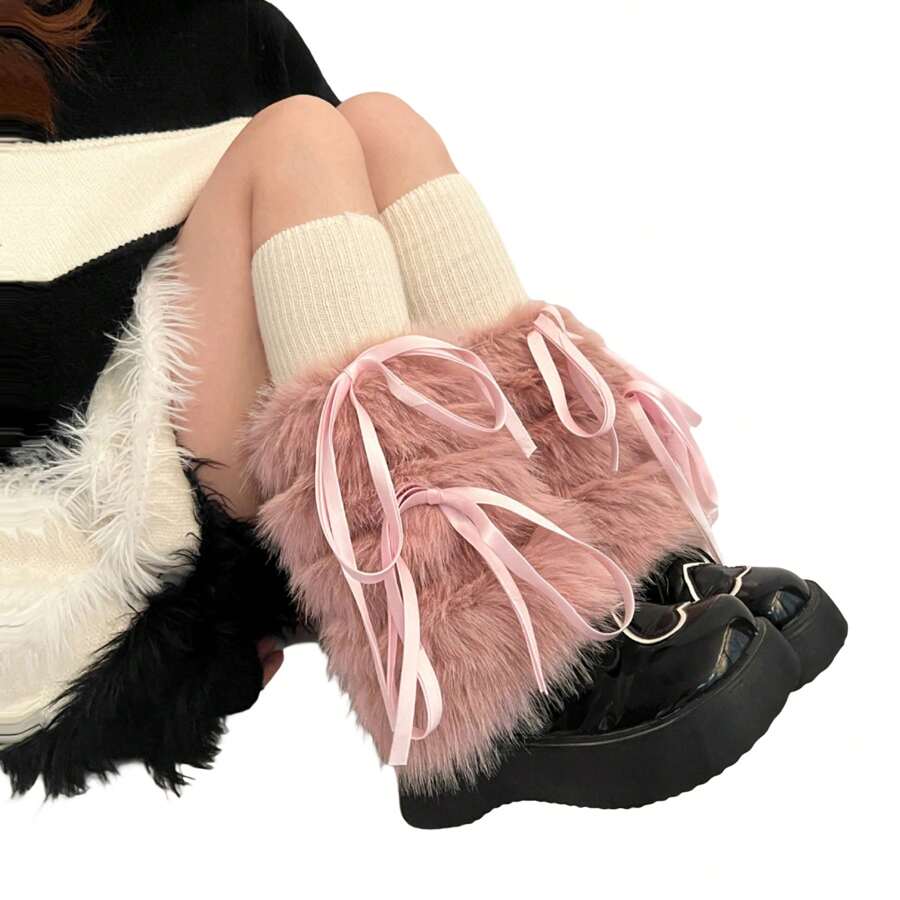 Women's Faux Fur Leg Warmers Ribbed Top Leg Warmers Boot Covers Carnival Costume Accessory - Pink - View 1