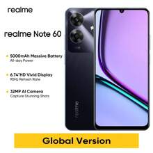 Realme Note 60 解锁手机 3GB+64GB/4GB+128GB/6GB+128GB 全球版，4G LTE，Andriod 14 智能手机，6.74 英寸高清 90Hz 显示屏，5000mAh 电池，3200 万像素摄像头，7.79mm 超薄手机，无适配器