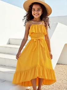 Girls' Summer Dress, Sunlight Yellow 3D Ruffle Strap Dress, Girls Beach Holiday & Daily Outfit - Yellow - View 1