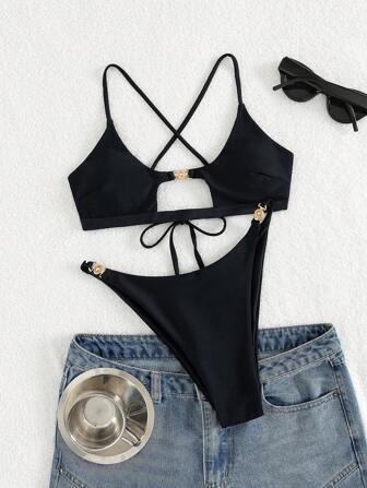 Nuevo conjunto de tankini de unicolor con decoración de metal y cordones sexy y elegante para mujeres