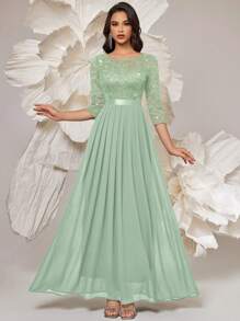 MIUSOL 优雅亮片花卉蕾丝七分袖褶裥下摆雪纺正式派对长裙，正式晚礼服，适合婚礼宾客、毕业典礼、宴会和其他场合 - 薄荷綠 - 查看 2