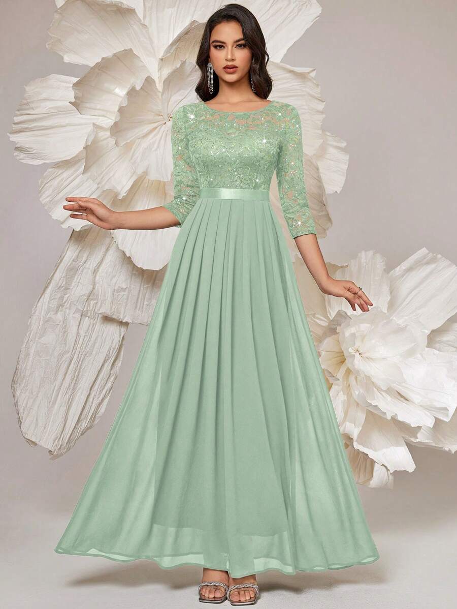 MIUSOL 优雅亮片花卉蕾丝七分袖褶裥下摆雪纺正式派对长裙，正式晚礼服，适合婚礼宾客、毕业典礼、宴会和其他场合