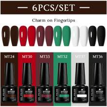 Mtssii Juego de 6 esmaltes de uñas en gel de unicolor de 7 ml, colores primavera-verano, glitter, negro, blanco, rojo, resistente a remojo, UV, semi-permanente, suministros para uñas