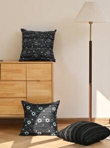 1 件黑色月亮和星星条纹图案枕套，简约风格方形枕套适合客厅、卧室家居装饰，四季皆宜