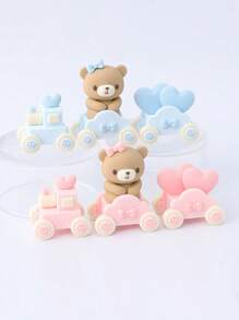 1 set Figura decorativa de peluche suave con diseño de osito de peluche y tren de dibujos animados, oso rosa y azul para decoración del hogar, tarta, baby shower - Tren 1set - Ver 3