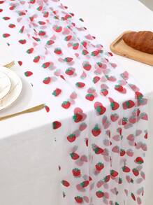 1 pieza Camino de mesa con estampado de fresa, 75cm*300cm Camino de mesa de malla, adecuado para cumpleaños, recepción de bodas, decoración de cumpleaños, fiesta de bodas, decoración del hogar, camino de mesa con tema de fresa de verano, decoración de mesa de comedor para fiestas festivas - Fondo blanco fresa - Ver 3