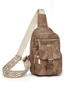 Retro Multi Pockets Chest Bag Soft Pu Leather Crescent Bag Motorcycle Sling Backpack - Brown - View 4