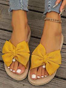 Summer New Women Slippers, Straw Braid House Slippers, Non-Slip Outdoor Hanging Pearl Bow Slippers, Flat Heel Sandals