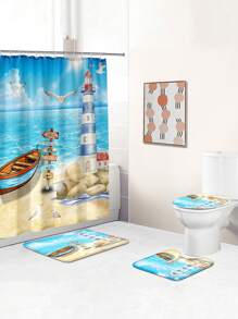 1 pièce/4 pièces Rideau de douche décoratif multifonction imperméable représentant un paysage marin avec phare, mouettes et bateau, avec 12 crochets, tapis de bain antidérapant, abattant de toilette en U, ensemble de salle de bain pour toutes les occasions, rentrée scolaire