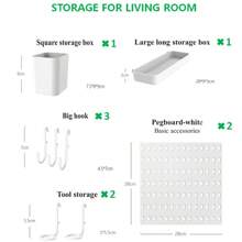 Najlepiej sprzedający się artykuł do domu, Basic Living 1 szt. montowany na ścianie i bez wiercenia plastikowa tablica perforowana, zestaw akcesoriów o wielu kombinacjach, uniwersalna tablica perforowana do przechowywania z różnymi pudełkami do przechowywania i metalowymi haczykami, odpowiednia do warsztatu garażowego/organizacji i przechowywania w kuchni domowej/biurze/pokoju rzemieślniczym/łazience (28*28 cm)