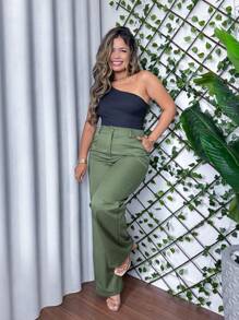 Women's Tailored Trousers High Waisted Wide Leg Boho Chic Autumn Winter With Pockets - 橄欖綠 - 查看 4