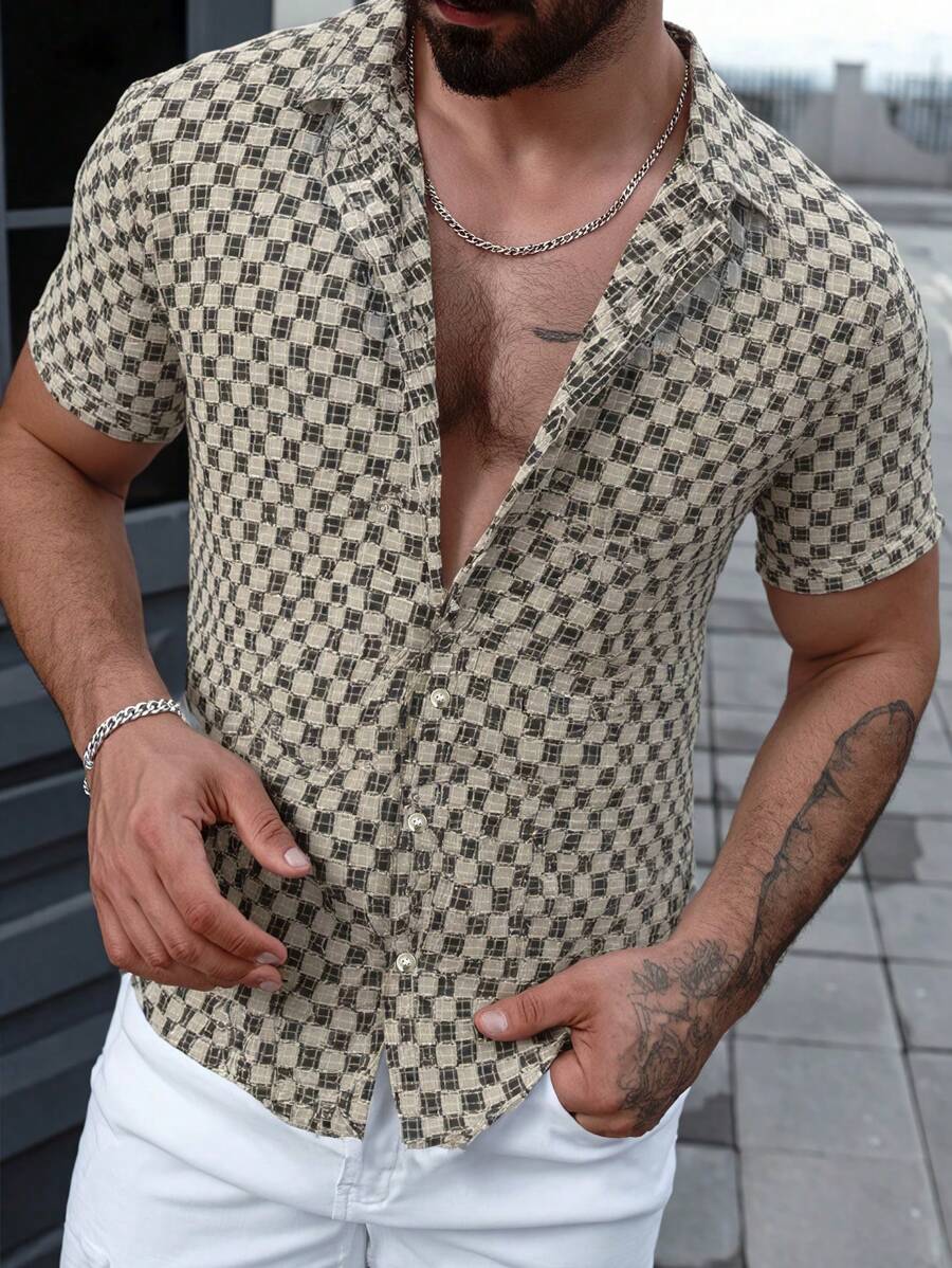 男士时尚经典格纹纹理开领休闲衬衫，适合日常休闲、通勤、街头时尚、夏季新品