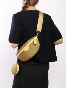 New Minimalist Rhinestone Fashion Chest Bag, Multifunctional Versatile Wide Strap Crossbody Bag & Phone Pouch - Yellow - View 10