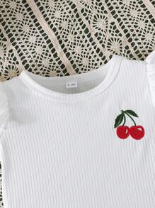 2pcs/Set Baby Girl' Cute Minimalist Cherry Embroidery Short Sleeve Top And Cherry Print Shorts, Summer Casual Outdoor Outfit - White - View 4
