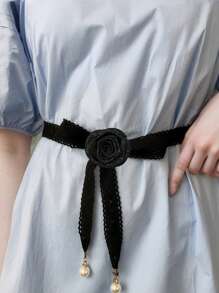 1pc Camellia Lace Faux Pearl Pendant Waist Chain, Girl's Versatile Dress Shirt Floral Belt, Adjustable Knotted Waist Rope - one-size - View 2