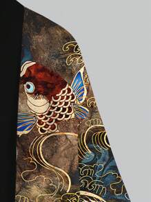 男式锦鲤印花和服风格休闲沙滩衬衫 - 芥末黃 - 查看 4