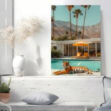1pc Framed Canvas Poster Tiger Swimming-Pool Tropical-Resort Wall Art Canvas Paintings Ideal Gift For Bedroom Living Room Corridor Wall Art Wall Decor Room Decoration Ready To Hang