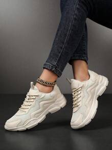 Women's Casual Sneakers, Slip-Resistant Thick-Soled Women's Chunky Sneakers, Fashionable Versatile Soft-Soled Non-Slip Odor-Resistant Women's Casual Shoes, Knit Mesh Breathable Women's Mesh Shoes For Outdoor Gatherings Comfortable Lightweight Hiking Shoes Fashionable Thick-Soled Casual Sports Shoes For Teenagers And Students - Beige - View 2