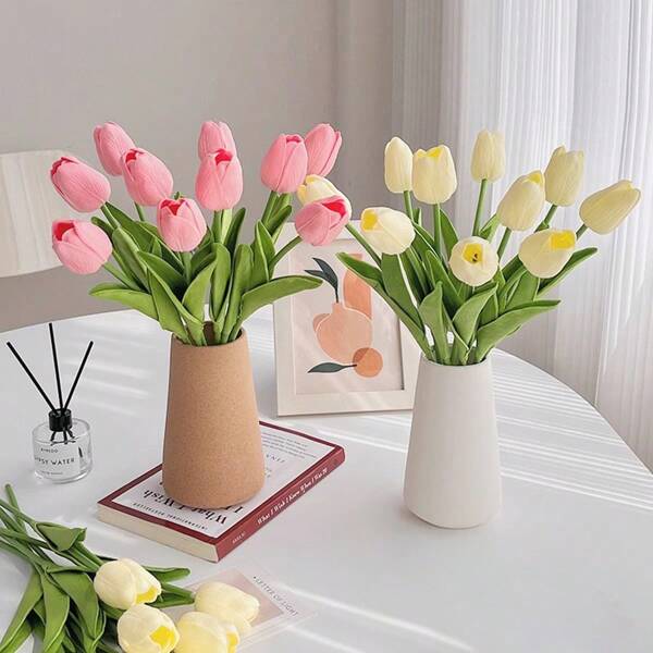 10 piezas de tulipanes artificiales de colores mixtos, rosa claro, rosa y blanco, adecuados para decoración de jardín al aire libre, decoración interior y exterior, decoración de jarrones, plantas falsas, decoración de las cuatro estaciones, suministros de decoración de habitaciones, decoración floral para el hogar