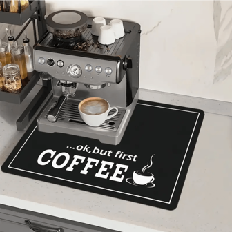 1 pieza Alfombrilla para máquina de café - Absorbente, protector de encimera de cocina antideslizante con diseño de "Primero el café", almohadilla de secado de diatomita lavable y reutilizable para platos y tazas, decoración de cocina elegante y práctica, decoración de café