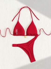 Nuovo set bikini estivo senza fili, con spalline a spaghetti, stile halter, schiena incrocista, laccetti, triangolo vita bassa - Tutto Rosso