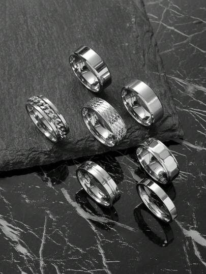 7 st. moderiktiga och mångsidiga retro minimalistiska ringar i silver i rostfritt stål, lämpliga för män och kvinnor, dagliga accessoarer, oumbärliga för nyår och alla hjärtans dag, utmärkt present till vänner
