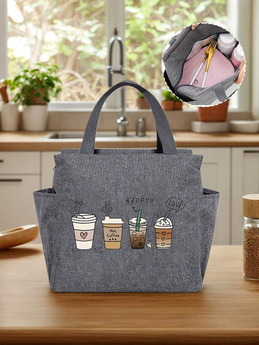 Insulated Bag With "Four Cups Of Coffee" Pattern, Double Pocket Lunch Box Bag, Fixed Shoulder Straps, Zipper Closure, Lightweight & Hand Washable,Large Capacity Student Meal Insulated Refrigerated Bag, Portable Travel Picnic Bag, Office School Lunch Bag Insulated Lunch Box, Work Lunch Box, Office Holiday Lunch Box, And Multi-Functional Camping School Lunch Box For Men And Women - Grey - View 1