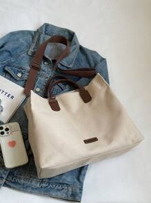 Large Capacity Women's Minimalist Shoulder/Tote Bag, Crossbody Bag For Travel, Fits Laptop & Textbooks - Beige - View 4