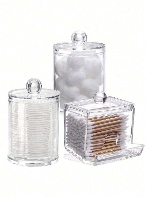 Set de organizador de tocador de 3 tamaños: soportes para bastoncillos de 10 oz y 7 oz con tapas de plástico transparente/negro, dispensador de desmaquillante y frascos pequeños