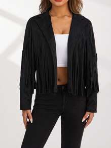 Women Summer Solid Color Collared Jacket With Tassels Long Sleeve Open Front Coat Streetwear - Black - View 7