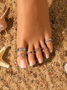 Vogue Whisper 6pcs/Set Boho Style Hollow Heart, Geometric, Infinity, Flower Silver-Tone Toe Rings Set For Women, Adjustable, Suitable For Summer Dates, Beach Vacations, Everyday Wear - Silver - View 2